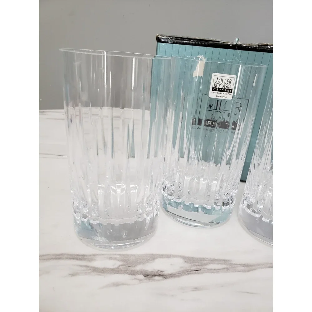 LOT SET 4 Miller Rogaska Soho Highball Tumblers 3 pc Vertical Cut Crystal Hiball